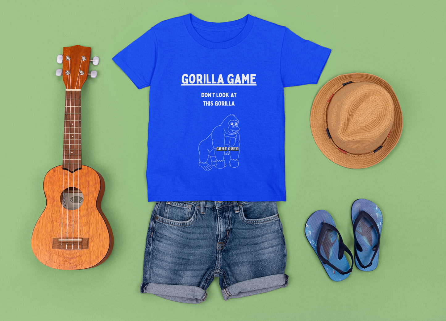 The Game Kids Gorilla T-shirt. Fun playful tee in black, khaki green and royal blue