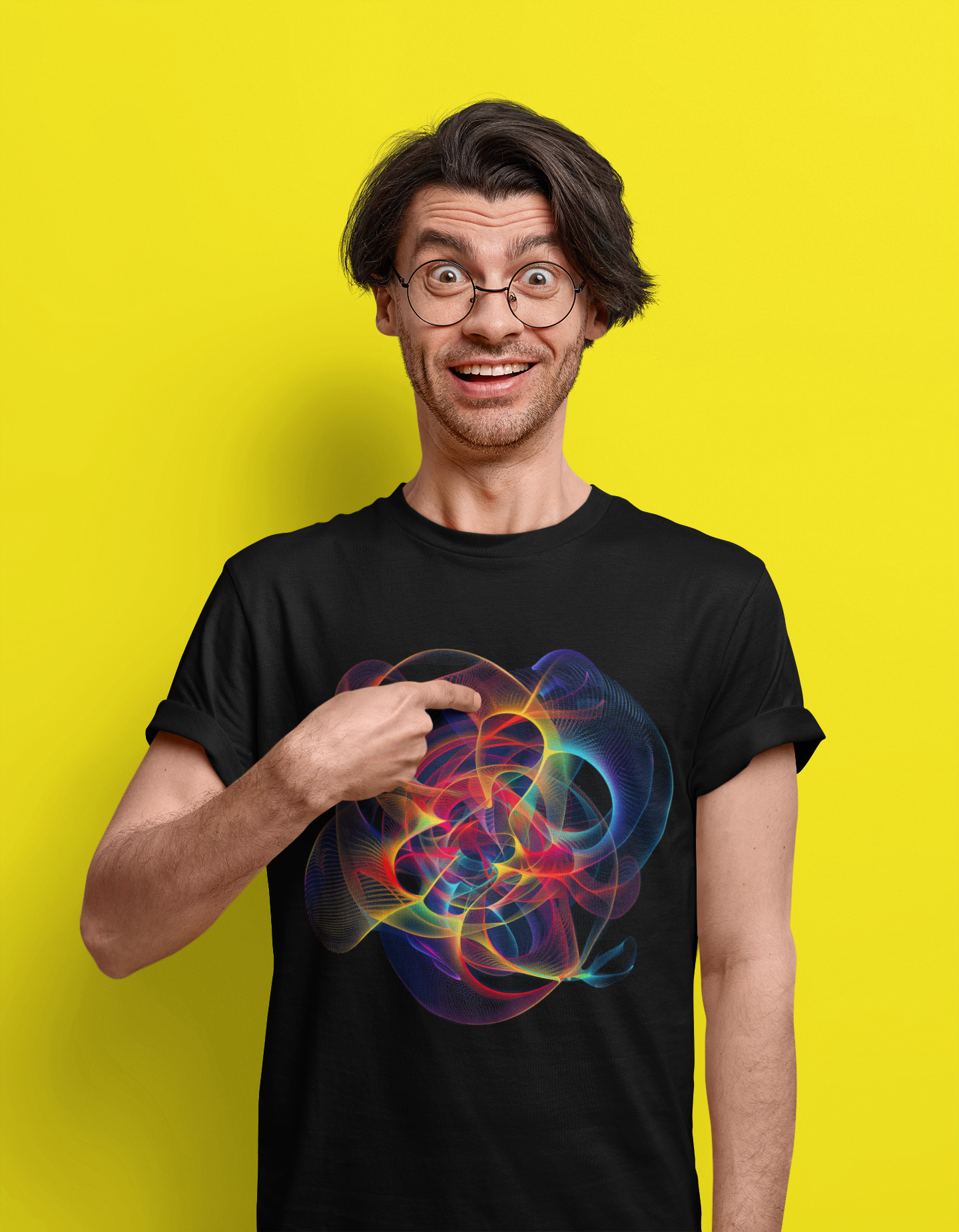 Embrace Chaos: Vibrant Chaos Theory Design on Black Unisex T-Shirt