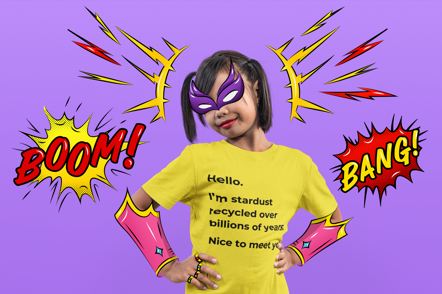 "Hello. I’m Stardust Recycled Over Billions of Years. Nice to Meet You." Kids T-Shirt