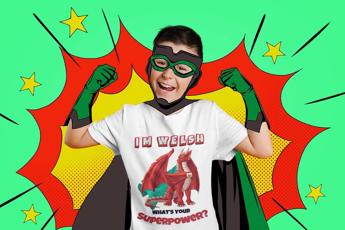 I'm Welsh, What's Your Superpower? Kids Cotton T-shirt | Welsh Dragon Superhero in White for Boys and Girls