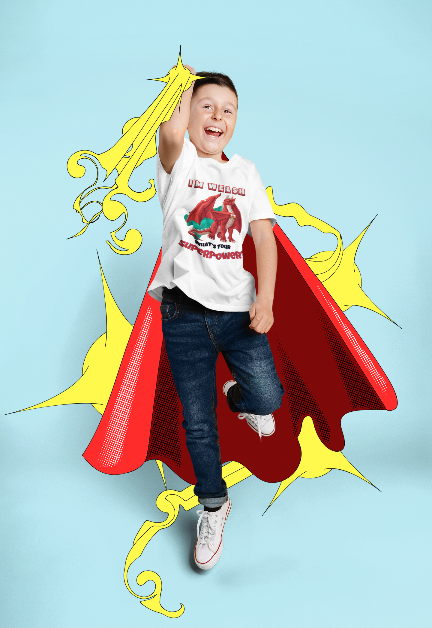 I'm Welsh, What's Your Superpower? Kids Cotton T-shirt | Welsh Dragon Superhero in White for Boys and Girls