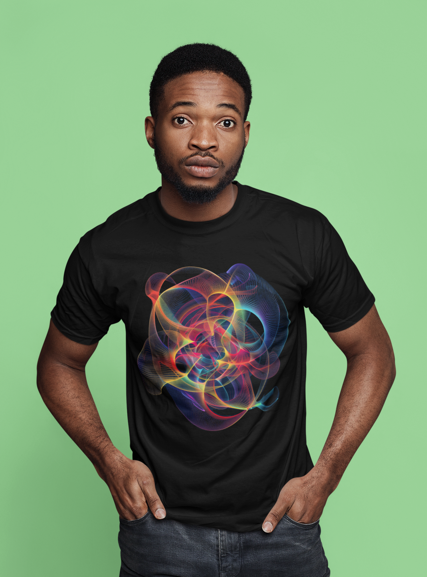 Embrace Chaos: Vibrant Chaos Theory Design on Black Unisex T-Shirt