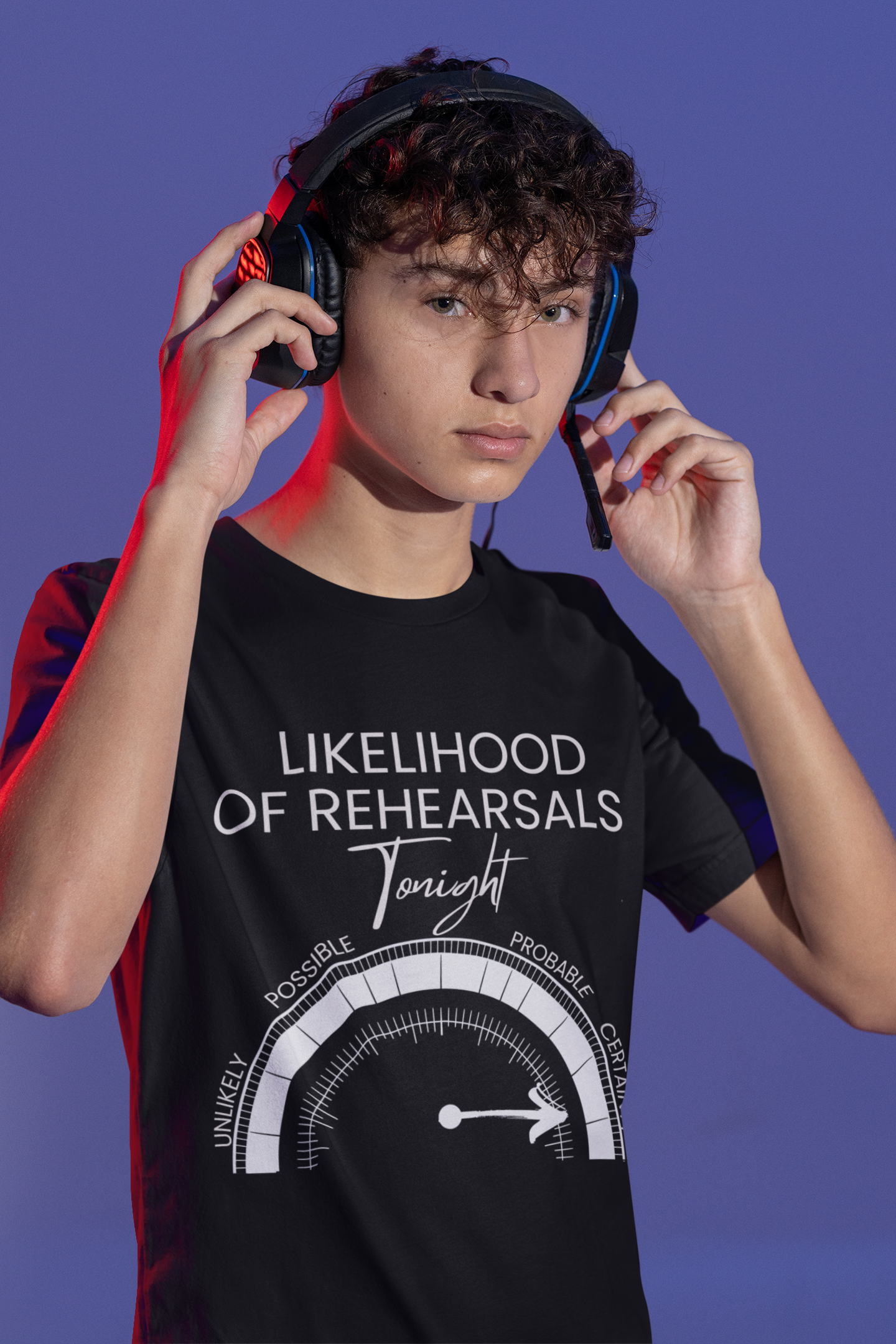 Likelihood of Rehearsals Tonight Kids Black Cotton T-shirt for those Always On Stage: Actors, Singers, Dancers or Musicians. Unisex.